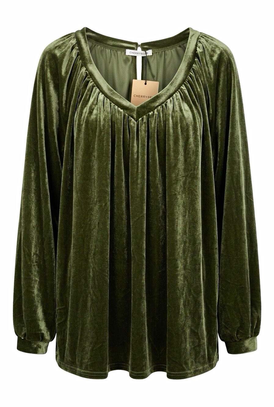 CHERRYBETTY Women's Green Velvet V-Neck Long Sleeve Pullover Blouse L Pleat